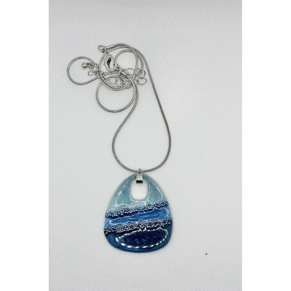 Summery Ocean Themed Blue Enamel and Silver-Tone Teardrop Pendant Necklace